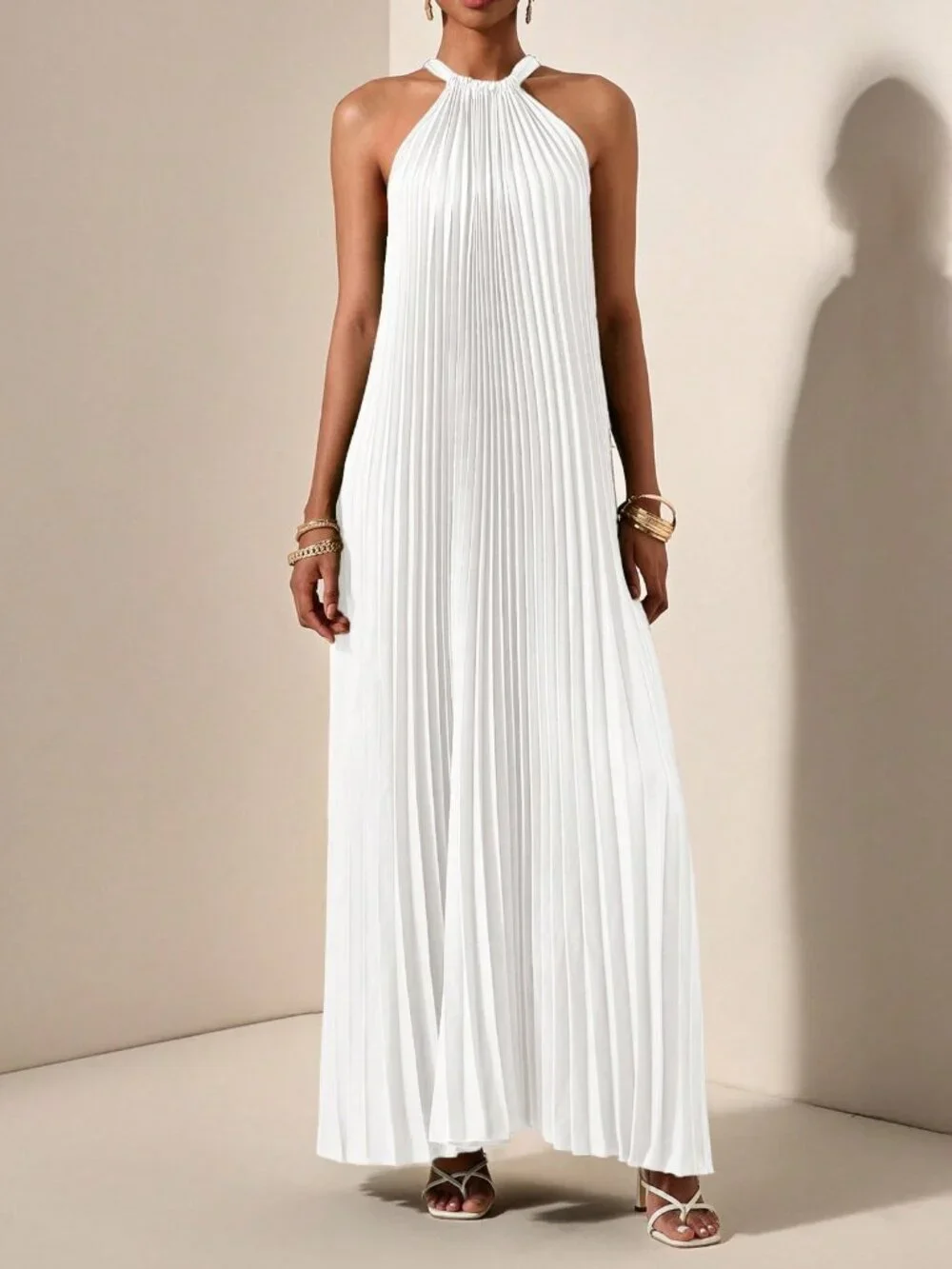 White Casual Women's Halterneck Sleeveless Pleated A-Hem Loose Maxi dress - Picture 5 of 8